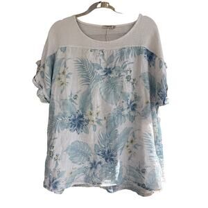 LUNGO L’ARNO Italian Linen Top Women 2X White Blue Floral 100% Linen Beachy
